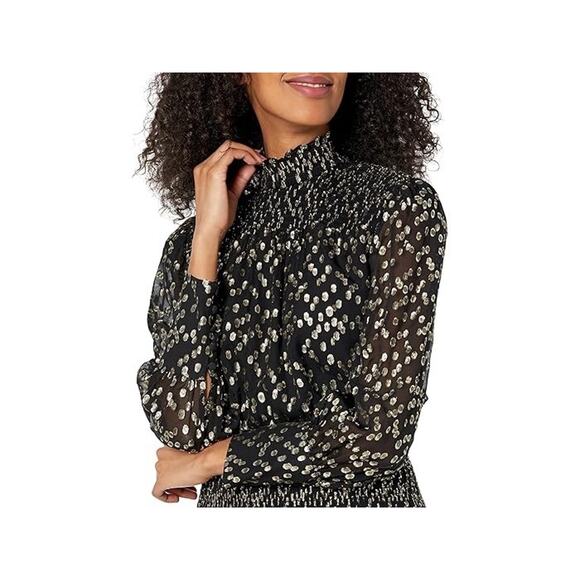 Milly Vicky Gold Metallic Dot Clip Blouse Smocked Black Sz S Cocktail Party Top - Picture 5 of 12